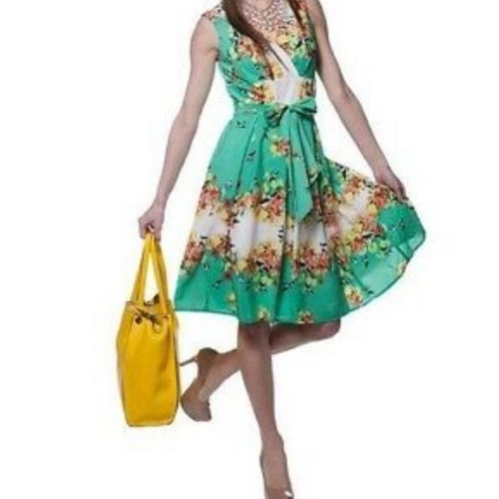 Dress barn green floral bird printed sleeveless Easter dress - Picture 4 of 14